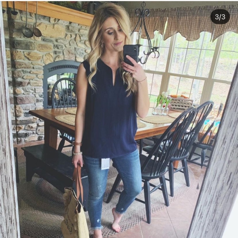 Navy Tank Blouse scallop sleeves